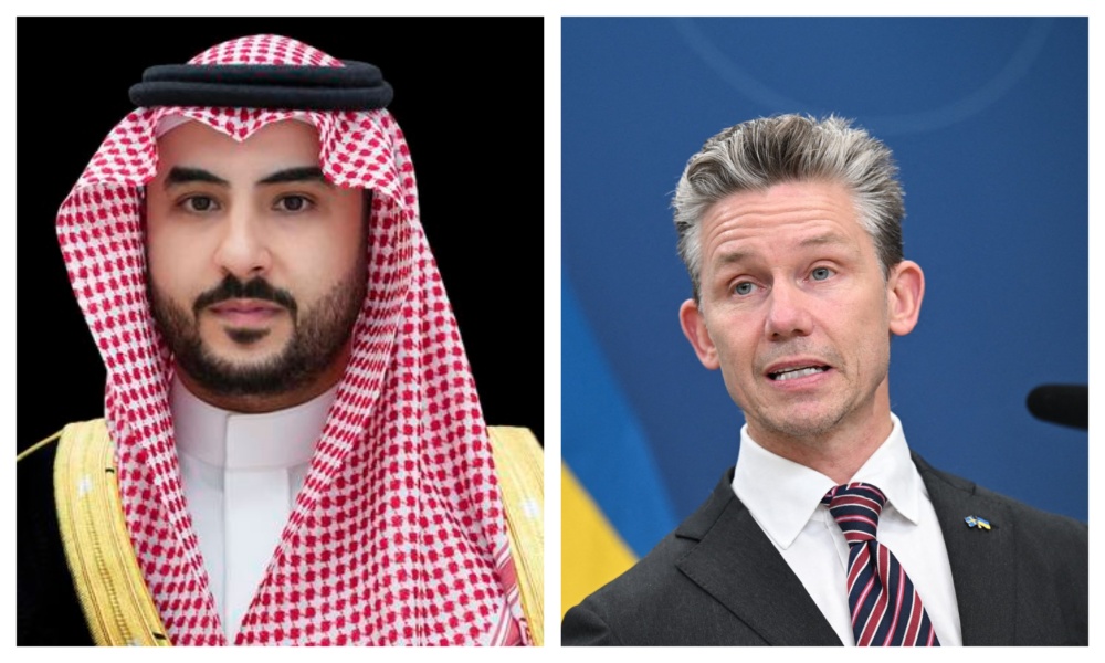 Saudi Arabia’s Defense Minsiter Prince Khalid bin Salman discussed the latest regional developments with his Swedish counterpart Pal Jonson on Thursday. (File/SPA/AFP)