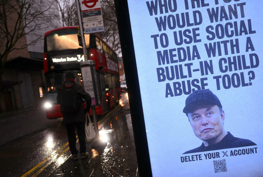A poster installed in a bus stop by activists from UK collective in London on January 13, 2026 features an image of US billionaire and businessman Elon Musk and denounces his X social media platform over its AI chatbot Grok's image-creation feature. (AFP file photo)