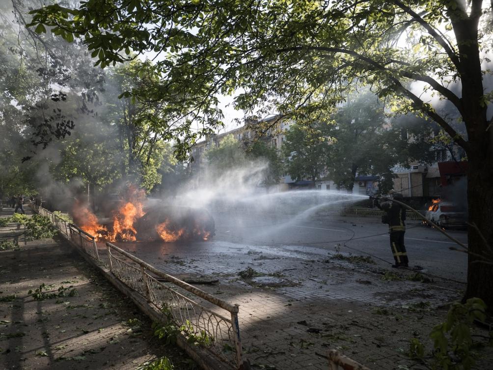 A Ukrainian firefighter extinguishing a blaze at the site of a Russian air attack, in Kramatorsk, eastern Donetsk region, amid the Russian invasion of Ukraine. (FILE/AFP)