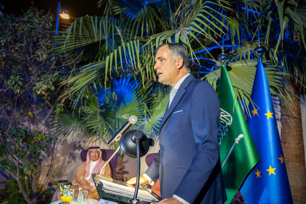 EU Ambassador to Saudi Arabia Christophe Farnaud speaking at Europe Day reception. (AN Photo/Loai Elkelawy)