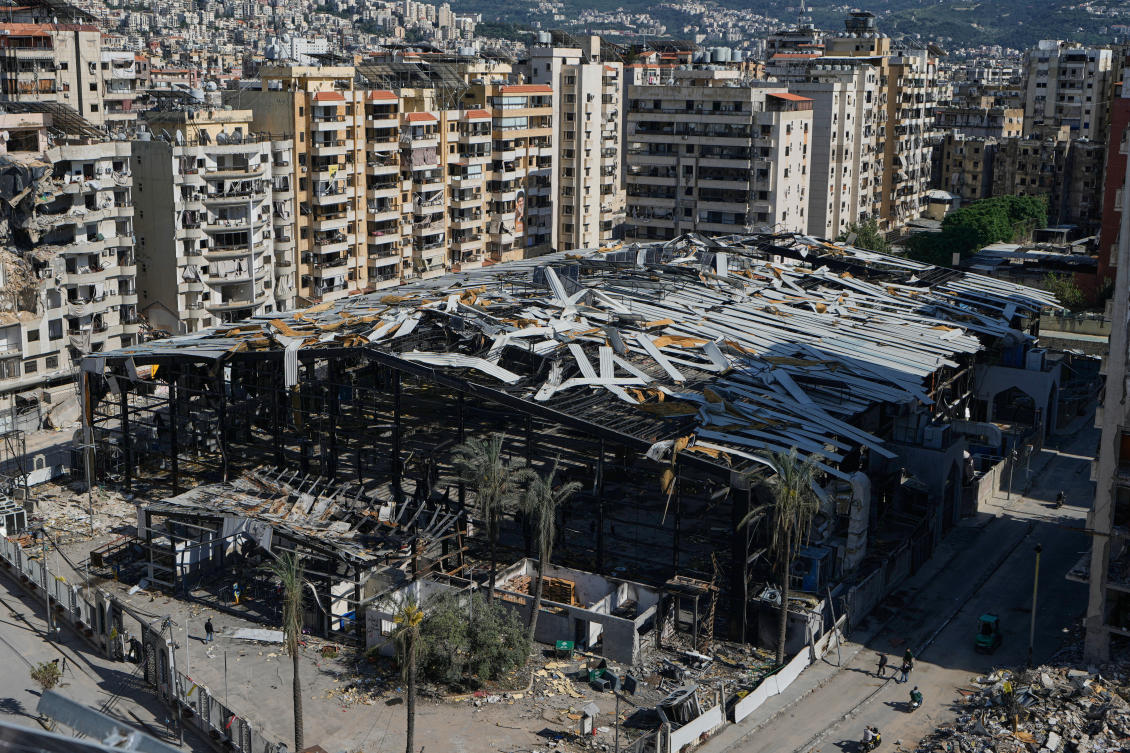 The Sayyed Al-Shuhadaa complex, where Hezbollah used to hold events and which was destroyed in a previous Israeli airstrike, is seen in Dahiyeh, Beirut’s southern suburbs, May 6, 2026. (AP)