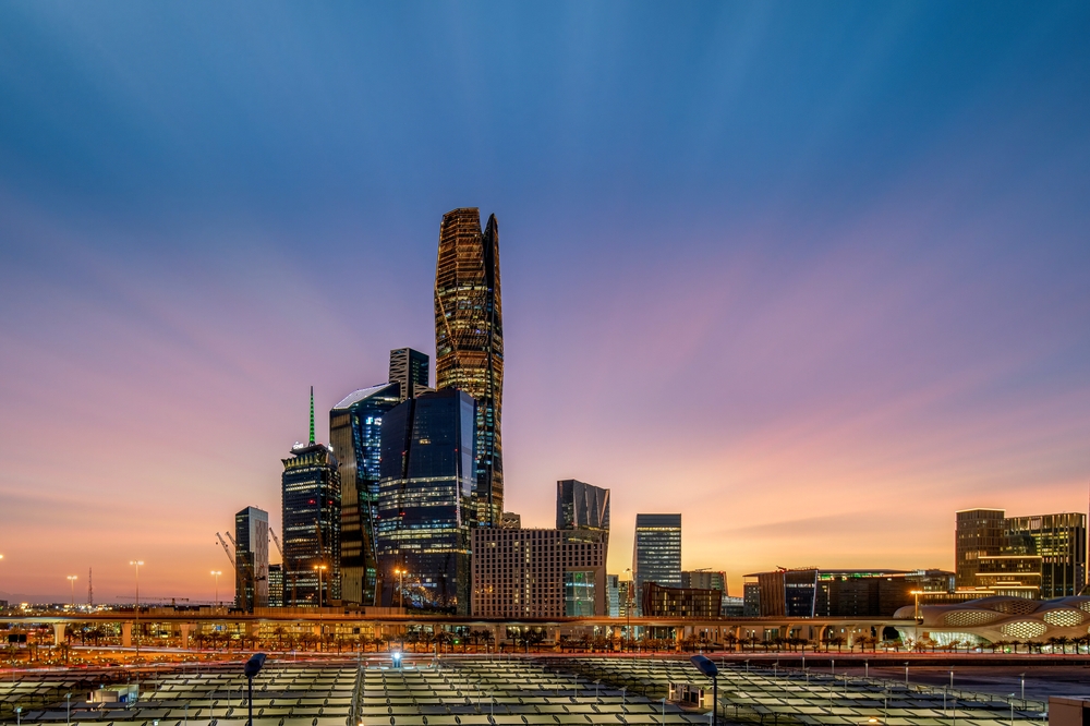 Riyadh, Saudi Arabia - March 01, 2024: Beautiful New Riyadh Skyline after sunset. Riyadh city towers in Saudi Arabia. Shutterstock.