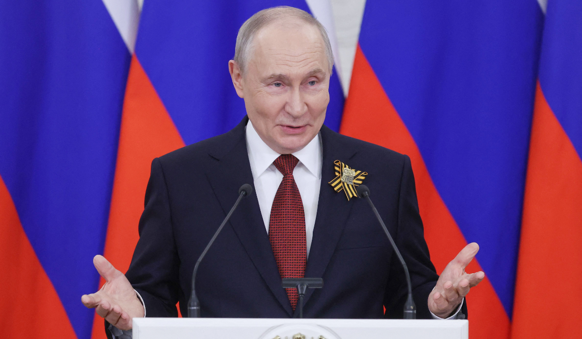 Russian President Vladimir Putin talks to the media following his meetings with foreign delegations at the Kremlin in Moscow on May 9, 2026. (AFP)