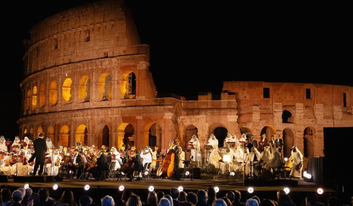The Saudi National Orchestra and Choir perform alongside 30 members of the Fontane di Roma Youth Orchestra at the Temple of Venus and Rome within the Colosseum Archaeological Park. (SPA)