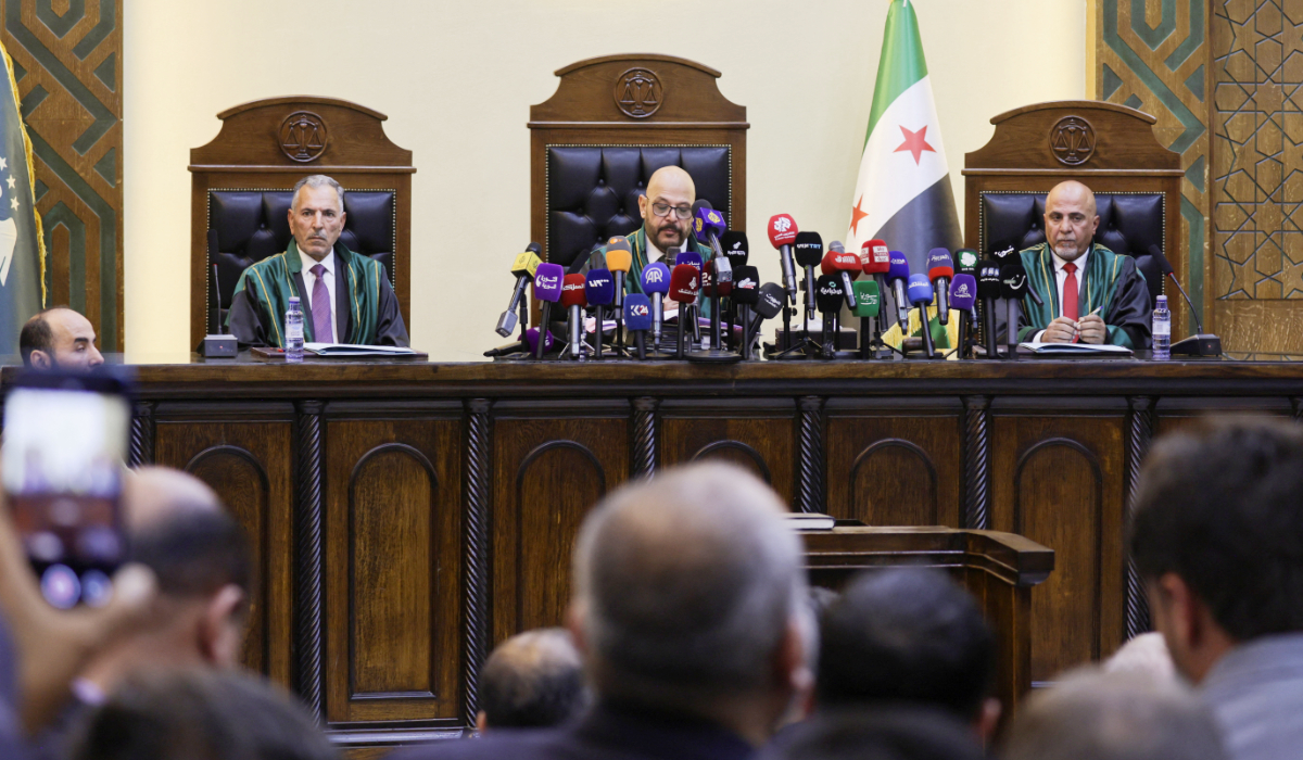 Judges attend a trial session of Atef Najib who is accused of committing war crimes, at the Palace of Justice, in Damascus, Syria, April 26, 2026. (REUTERS)