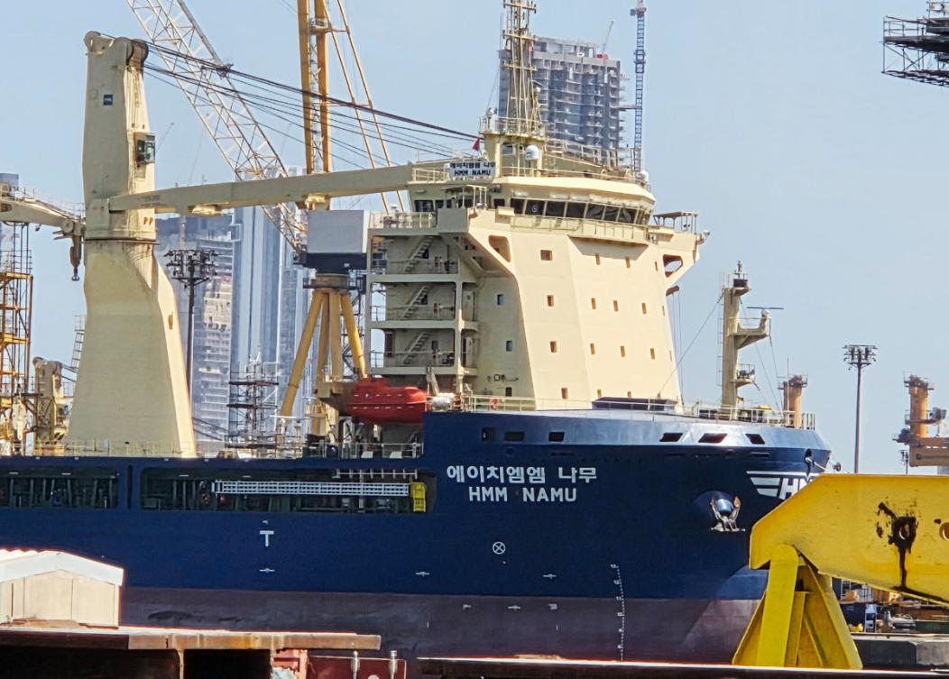 The South Korean-operated vessel HMM NAMU is docked after being damaged from a fire following an explosion in the Strait of Hormuz, at a port in Dubai, UAE, on May 8, 2026. (Kim Sang-hun/Yonhap via AP)