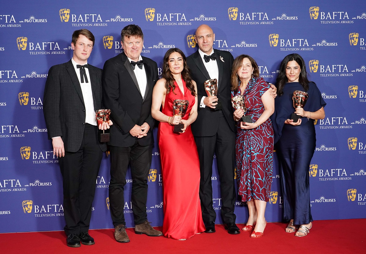 Ben De Pear, Ramita Navai, Karim Shah, Melanie Quigley and Menna Hijazi, winners of the Current Affairs Award for Gaza: Doctors Under Attack, in the winners' room at the BAFTA TV Awards 2026, at the Royal Festival Hall in London. (Getty Images)