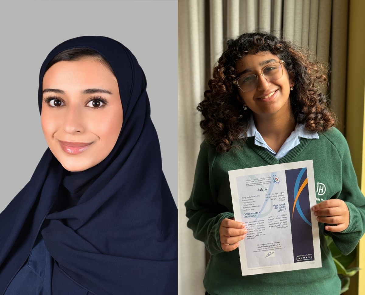Year 13 student Leen Al-Yahyawi, left, was accepted to the University of California, Berkeley, with a full Saudi scholarship while Year 9 student Jodi Al-Rehaili, right, from Downe House Riyadh was recognized for her score in the Mawhiba Multiple Cognitive Aptitude Test. (Supplied)