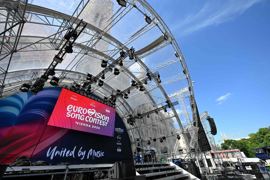 A photo taken on May 8, 2026 shows the stage at the 'Eurovision Village' fan area set up in front of the City Hall in Vienna, prior to the Eurovision Song Contest. (AFP)
