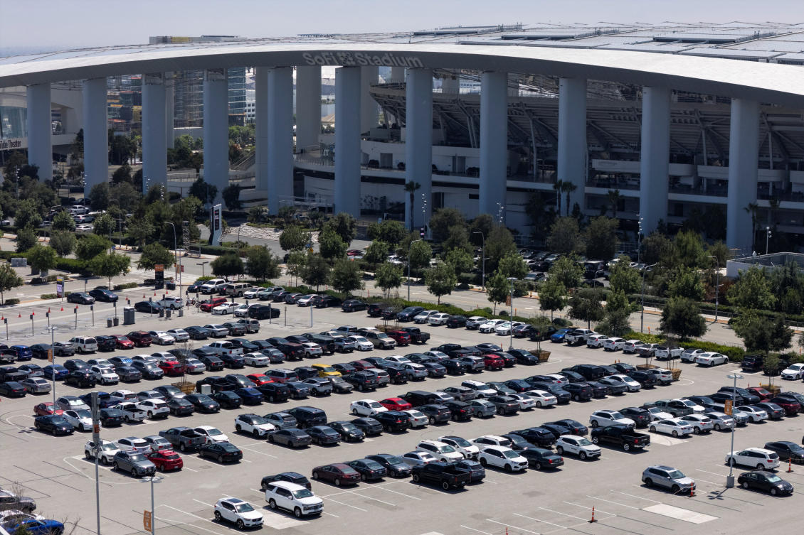 A drone view shows cars parked outside of SoFi Stadium as Los Angeles prepares for the 2026 FIFA World Cup co-hosted by the US, Canada and Mexico, in Inglewood, California, May 11, 2026. (Reuters)