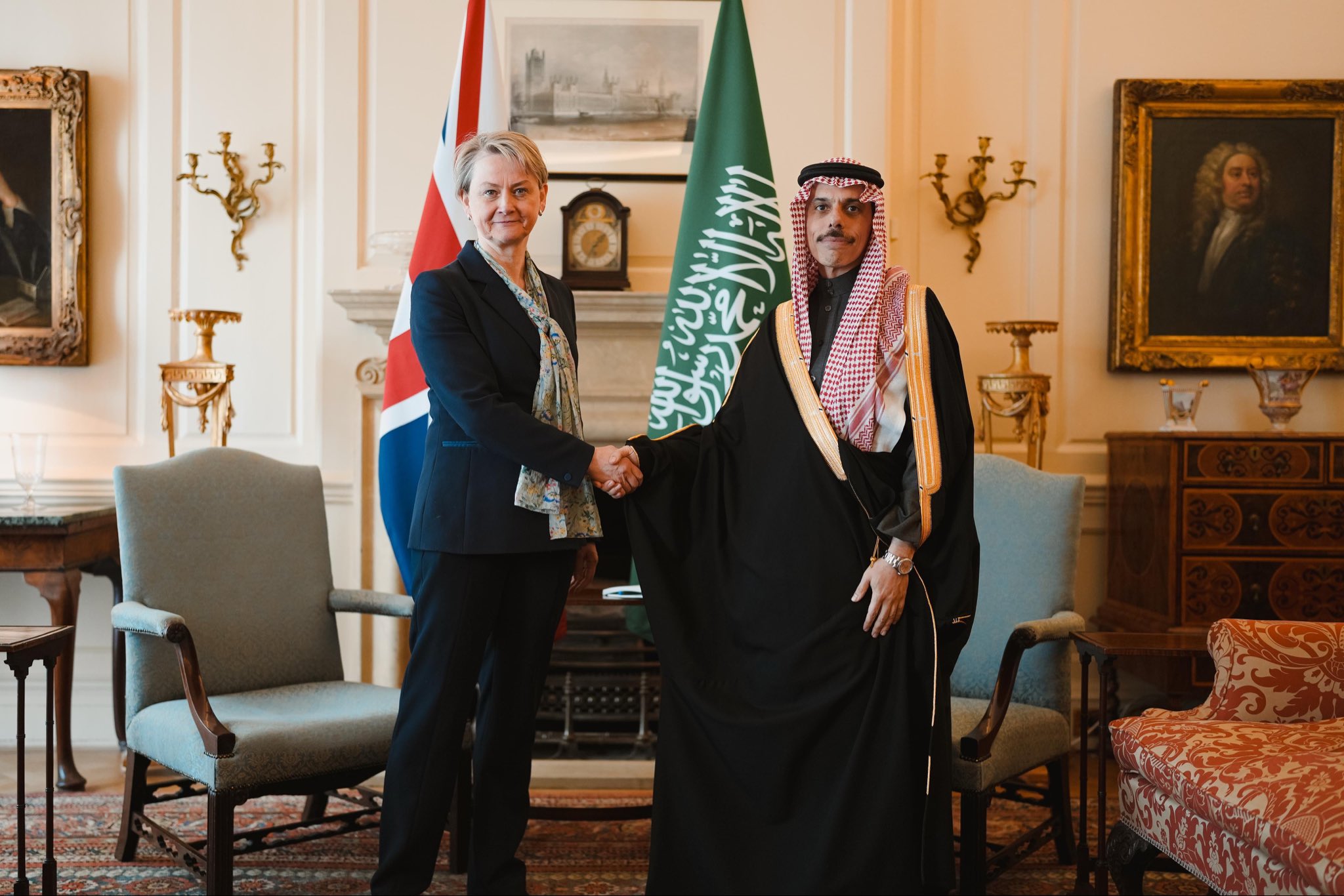 The Saudi foreign minister, Prince Faisal bin Farhan, met his British counterpart, Yvette Cooper, in London on Tuesday to discuss regional developments. (X/@FCDOGovUK)