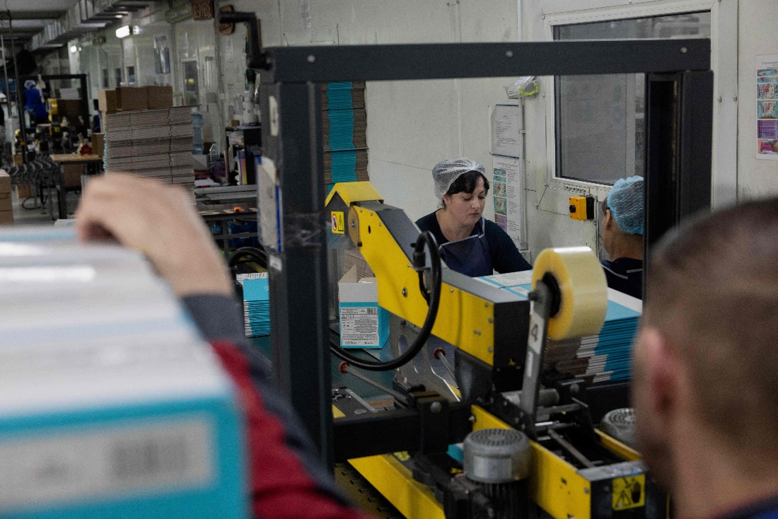 Biosphere employees work at a households goods producer factory in Dnipro, Ukraine. (AFP)