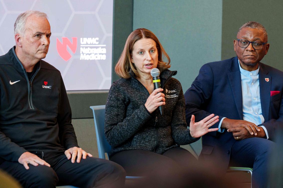 Angela Hewlett, MD, the medical director of Nebraska Biocontainment Unit speaks during a press conference at the Davis Global Center at the University of Nebraska Medical Center campus, which holds the National Quarantine Unit, on May 11, 2026 in Omaha, Nebraska. (AFP)