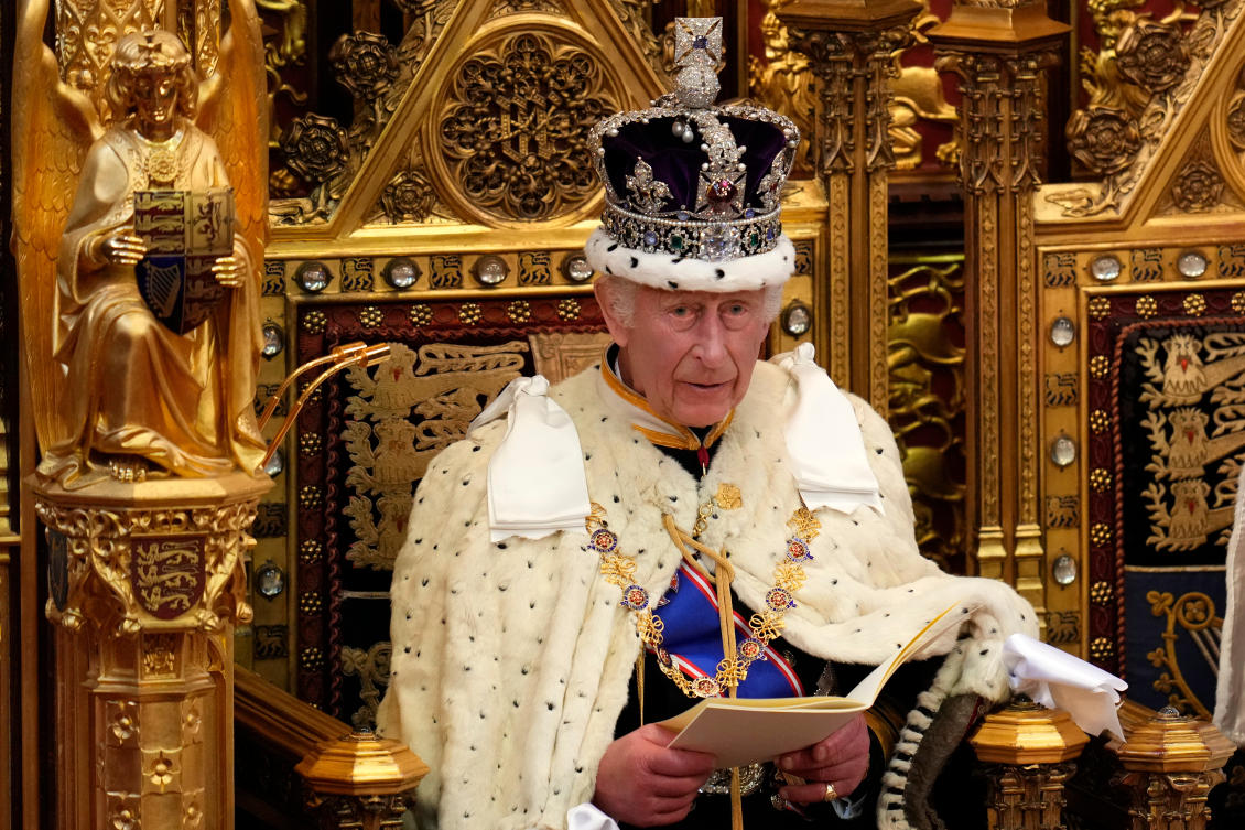 King Charles III looks up as he reads the King's Speech, during the State Opening of Parliament in the House of Lords in London on July 17, 2024. (AP)