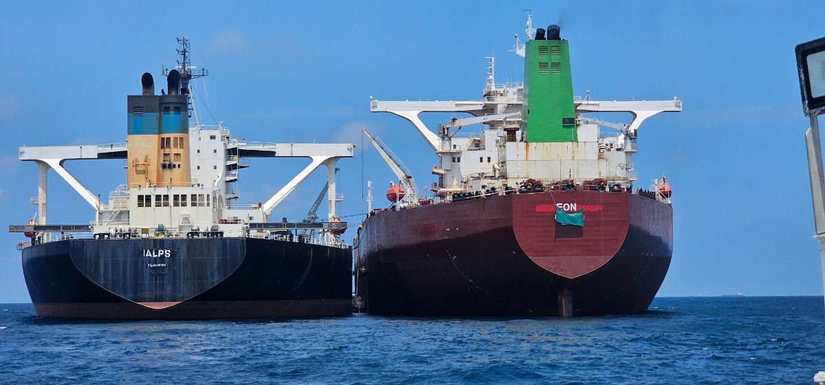 Two oil tankers making a ship-to-ship transfer of Iranian oil in the Eastern Outer Port Limits, 70 km off Malaysia’s coast on July 28, 2025. (AP)