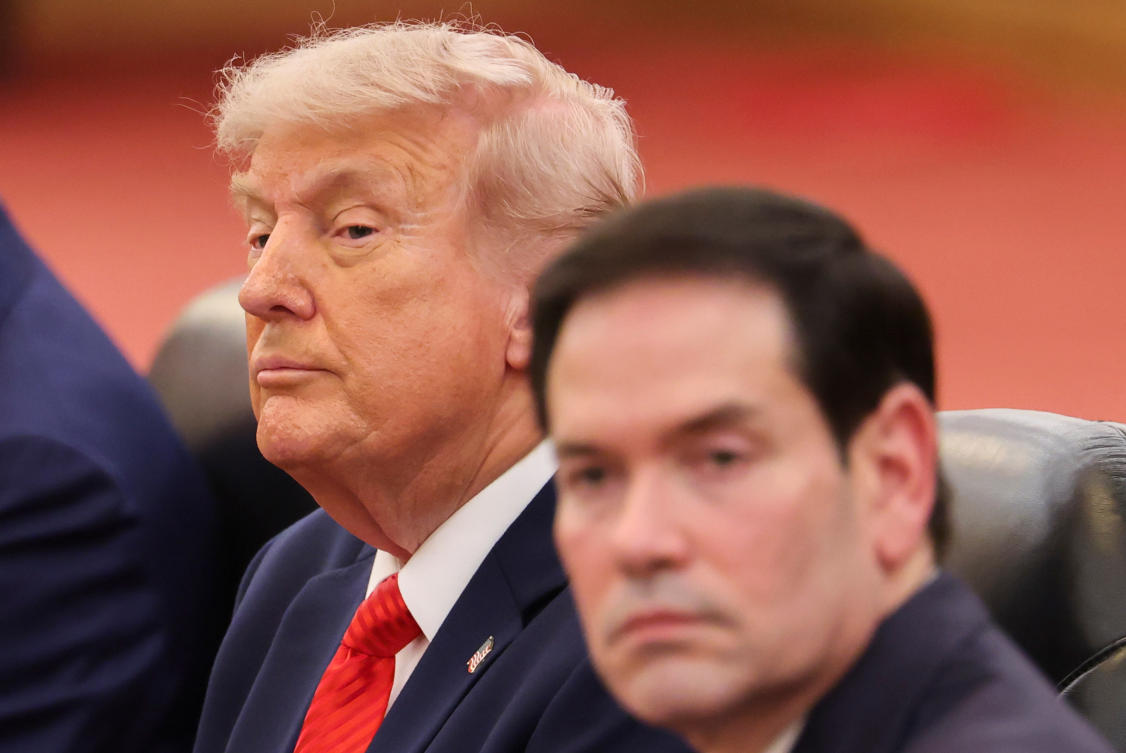 President Donald Trump, left, seated next to Secretary of State Marco Rubio, right, attends a bilateral meeting with Chinese President Xi Jinping at the Great Hall of the People in Beijing, Thursday, May 14, 2026. (AP)