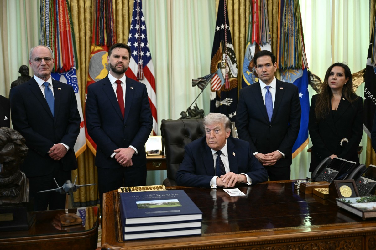 From left: Israel Ambassador to US Yechiel Leiter, US Vice President JD Vance, US President Donald Trump, US Secretary of State Marco Rubio and Lebanon Ambassador to the US Nada Hamadeh Moawad meet the press at the White House on April 23, 2026. (AFP)