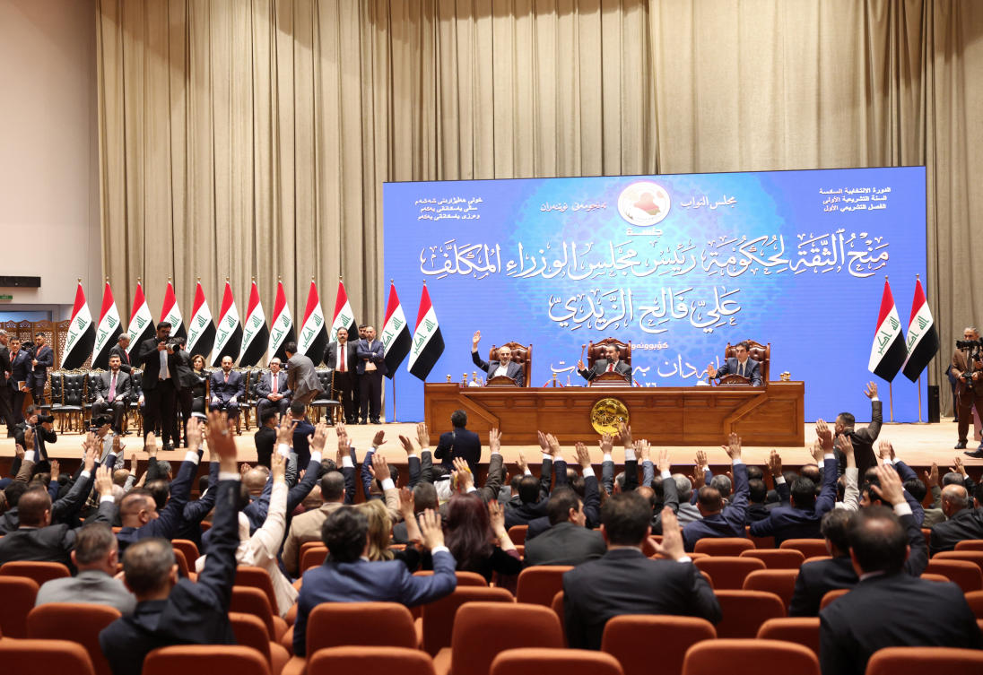 Iraqi lawmakers attend a parliamentary session to vote in a new government headed by Ali Al-Zaidi as prime minister, at the parliament headquarters in Baghdad, Iraq, May 14, 2026. (Reuters)