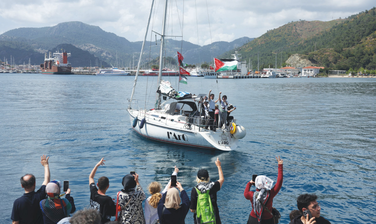 A boat taking part in the Global Sumud Flotilla departs on Thursday from a port in the southern Turkish resort of Marmaris, Turkiye. (Reuters)