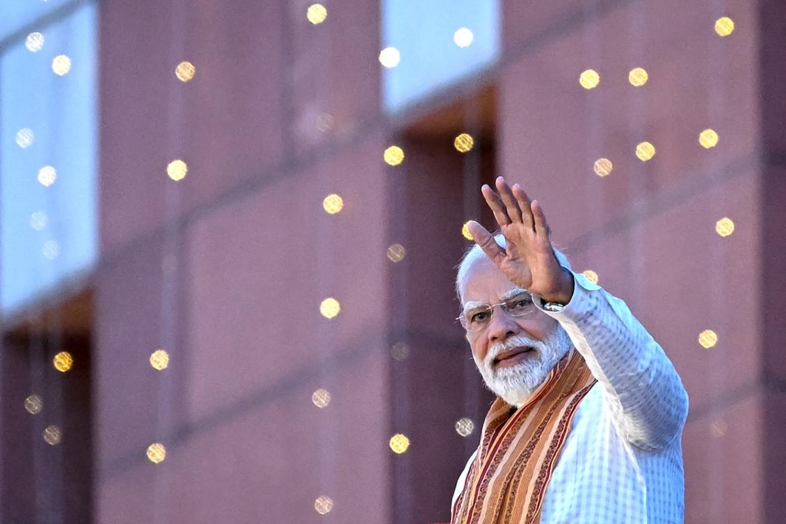India's Prime Minister and Bharatiya Janata Party (BJP) leader Narendra Modi waves to supporters as he arrives at party headquarters in New Delhi on May 4, 2026. (FILE/AFP)