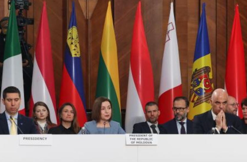 Moldova’s President Maia Sandu, Secretary General of the Council of Europe Alain Berset, and Moldova’s Deputy Prime Minister and Minister of Foreign Affairs Mihai Popsoi attend the 135th Ministerial Session of the Committee of Ministers of the Council of Europe in Chisinau, May 15, 2026. (AP)