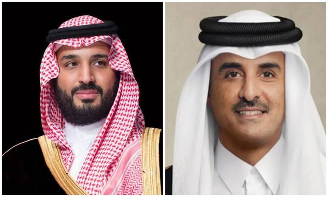 Crown Prince Mohammed bin Salman spoke on the phone on Friday with Sheikh Tamim bin Hamad Al-Thani, Emir of Qatar. (SPA/QNA)