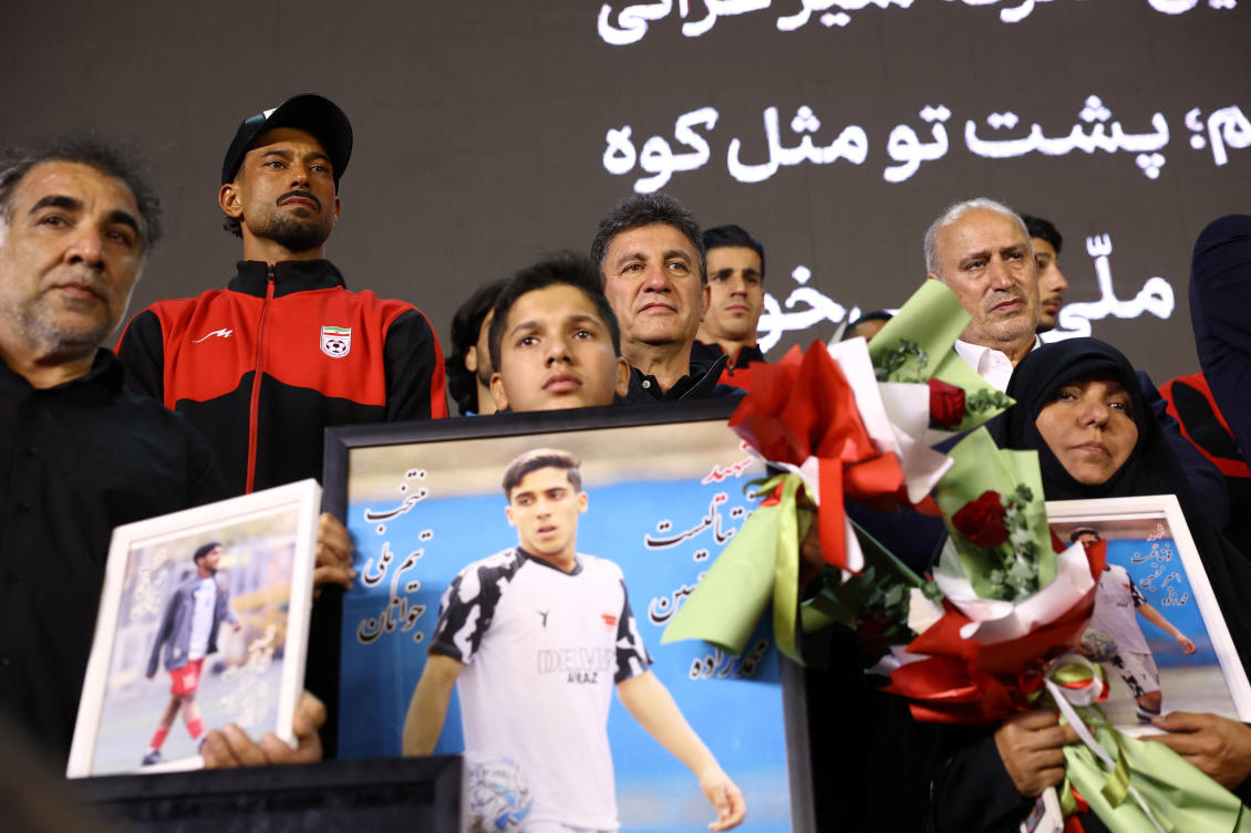 Iran’s national soccer team head coach Amir Ghalenoei and Iran Football Federation President Mehdi Taj attend the team’s farewell ceremony ahead of their departure to the 2026 World Cup in Tehran, Iran, May 13, 2026. (Reuters)