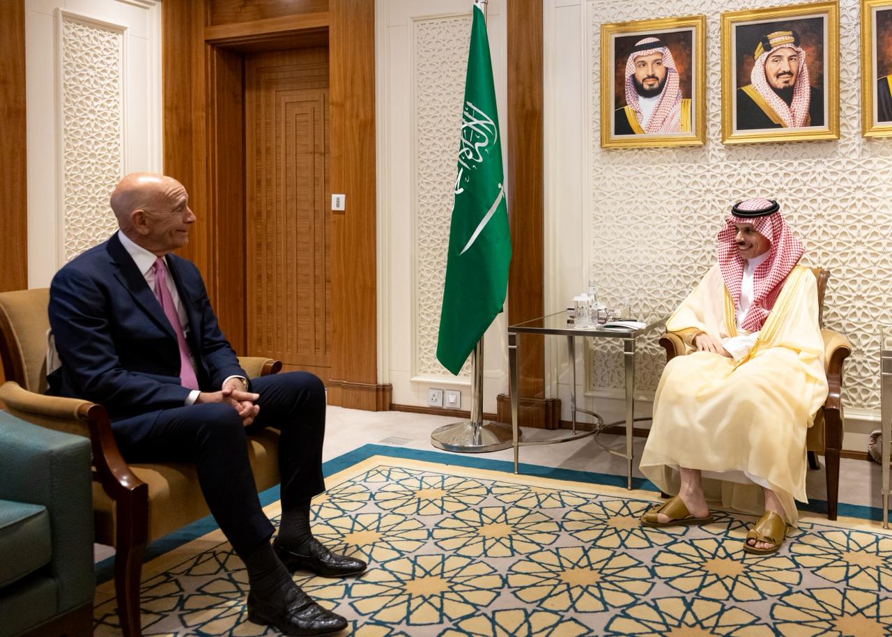Saudi Foreign Minister Prince Faisal bin Farhan receives US Special Envoy for Syria Tom Barrack in Riyadh on Sunday. (SPA)