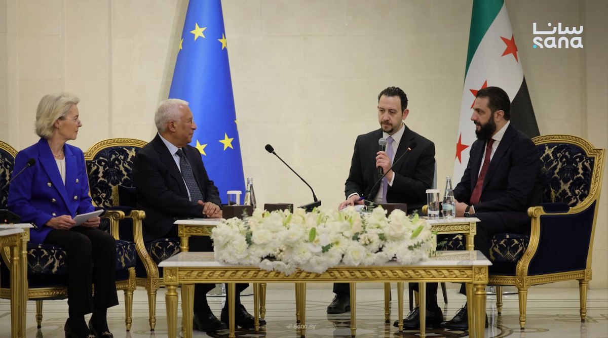 Syrian President Ahmad Al-Sharaa meeting with European Council President Antonio Costa and European Commission President Ursula von der Leyen in Damascus in January. (SANA/File)