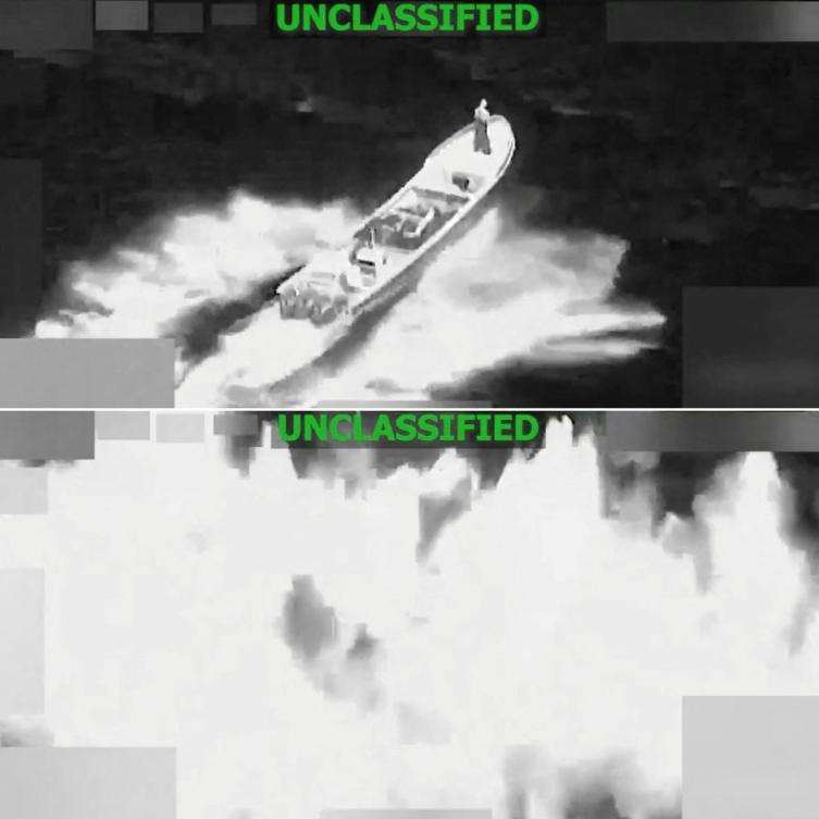 This combination of screen grab from a video posted on the X account of US Southern Command (SOUTHCOM) on January 23, 2026 shows a strike at the direction of US Defense Secretary Pete Hegseth on a vessel alleged to be transiting along narco-traficking routes on January 23, 2026 in "international waters." (AFP)