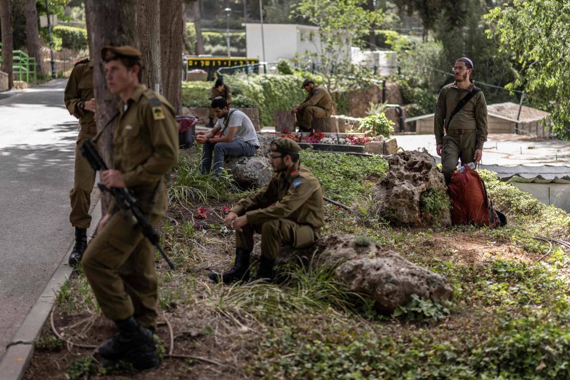 Soldiers mourn Israeli army Captain Maoz Israel Recanati, who was killed in combat in Lebanon, during the funeral in Jerusalem on May 17, 2026. (AFP)