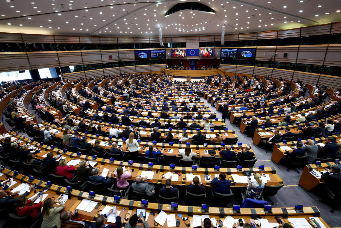 FILE PHOTO: Members of the European Parliament attend a session to vote on legislation to cut import duties for U.S. products, in Brussels, Belgium March 26, 2026. REUTERS/Yves Herman/File Photo/File Photo