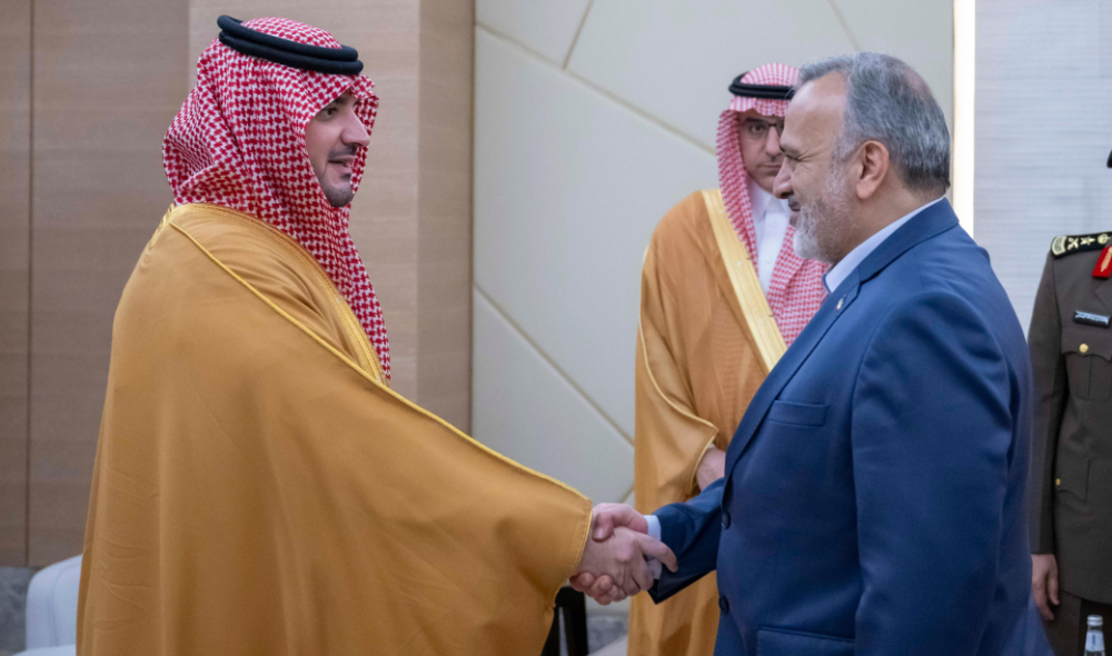 Prince Abdulaziz bin Saud bin Naif receives Alireza Rashidian, head of Iran’s Hajj and Pilgrimage Organization, in Jeddah on May 20, 2026. (SPA)