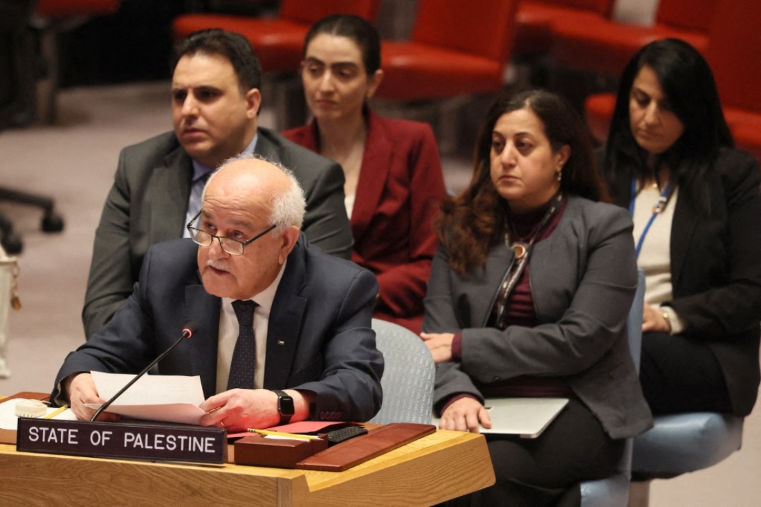 Riyad Mansour, the State of Palestine representative to the UN, speaks during a United Nations (UN) Security Council meeting on the situation in the Middle East, including the Palestinian question at the United Nations headquarters in New York City, US. (AFP)