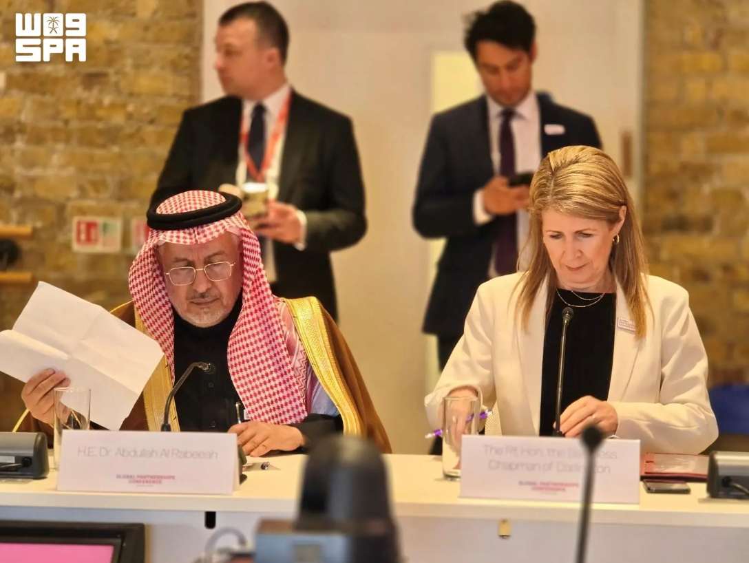 Dr Abdullah Al-Rabeeah is pictured with Jennifer Chapman, Baroness Chapman of Darlington, at the Global Partnerships Conference in London on Wednesday. (Supplied)