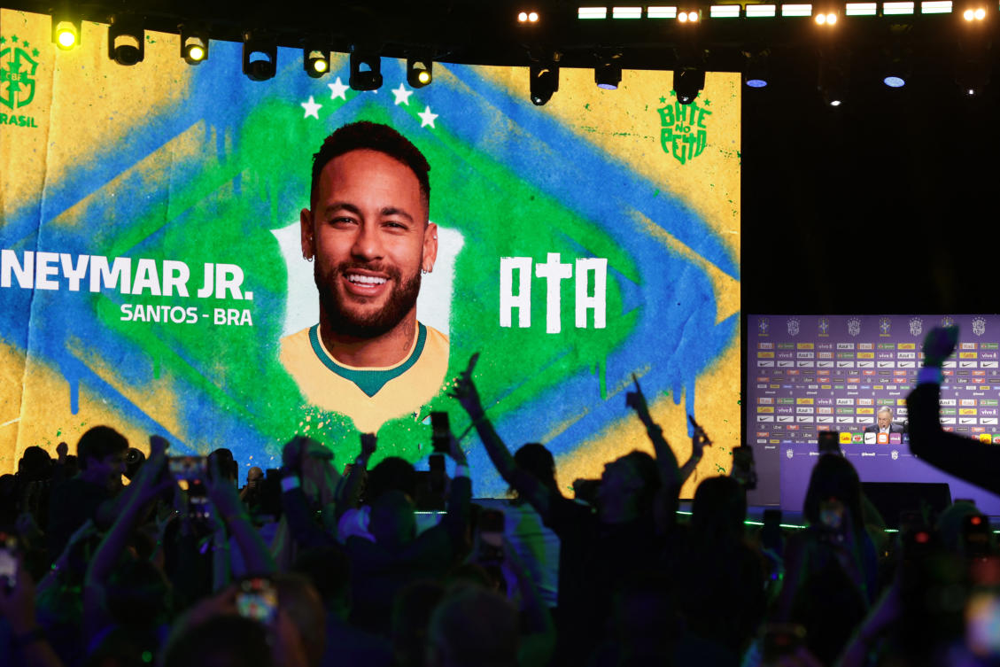 Brazil coach Carlo Ancelotti names Santos’ Neymar in his squad during the press conference ahead of the FIFA World Cup 2026 at the Museu do Amanha, Rio de Janeiro, May 18, 2026. (Reuters)