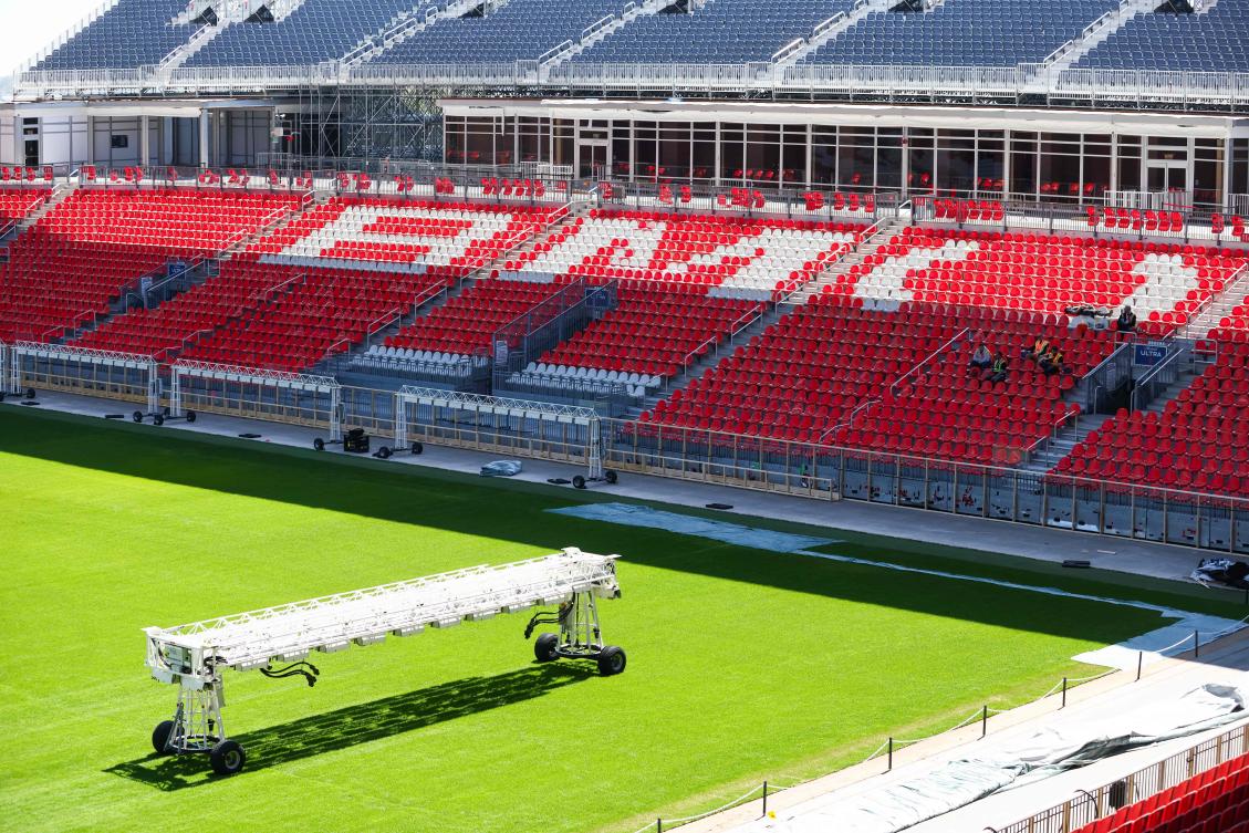 Workers prepare Toronto Stadium (temporarily renamed from BMO Field for the 2026 FIFA World Cup) in Toronto, on May 19, 2026. (AFP)