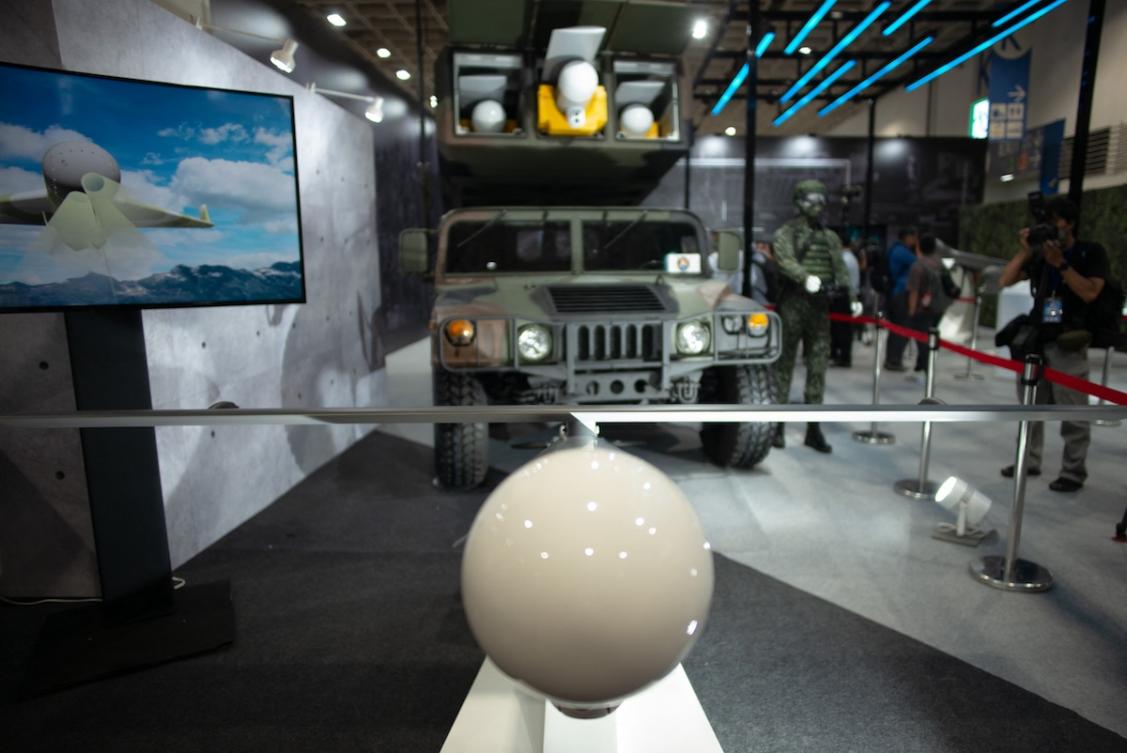A Taiwanese-made loitering unmanned aircraft type II is displayed during the 2023 Taipei Aerospace and Defence Technology Exhibition at the Nangang Exhibition Center in Taipei on September 13, 2023. (FILE/AFP)