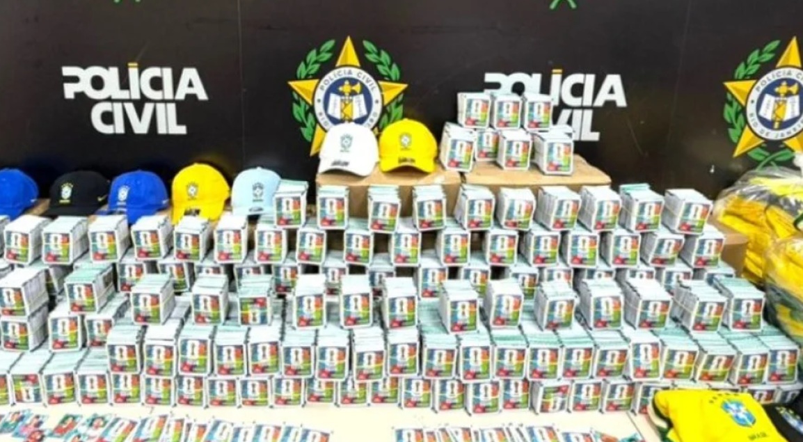Police in football-mad Brazil seized World Cup contraband including counterfeit jerseys and some 200,000 Panini stickers in Rio de Janeiro, authorities said Friday. (X/@rbatvoficial)