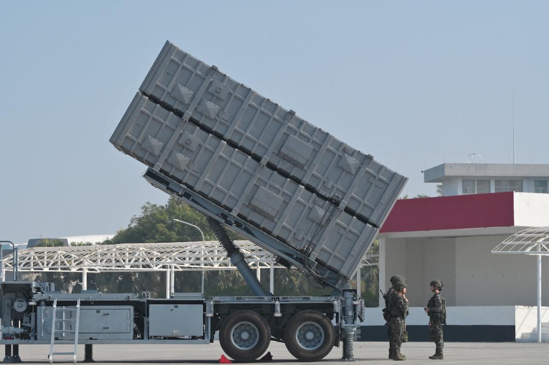 Armed soldiers stand by beside a home made Hsiung Feng III missile launcher during the Ministry of National Defense exercise at the Zuoying navy harbor on January 31, 2024. (FILE/AFP)