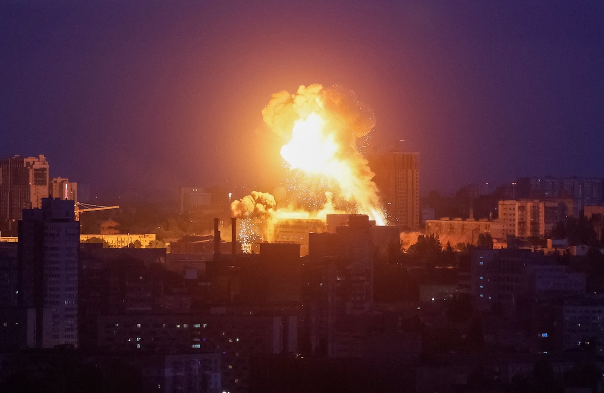 An explosion lights up the sky over the city during a Russian missile and drone strike in Kyiv, Ukraine on May 24, 2026. (Reuters)