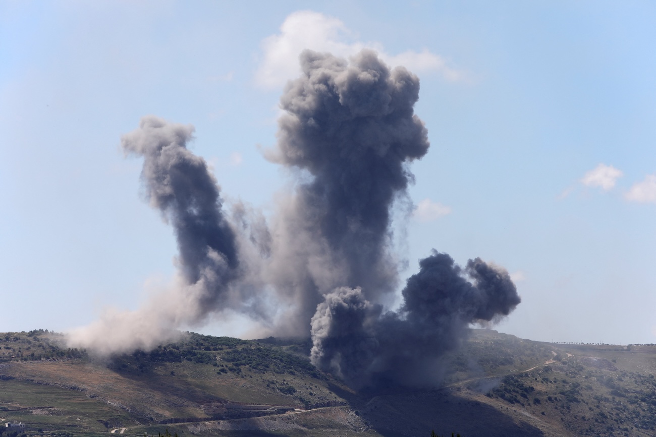 Plumes of smoke billow from southern Lebanon following Israeli strikes, as seen from Marjayoun, Lebanon May 24, 2026. (AFP)