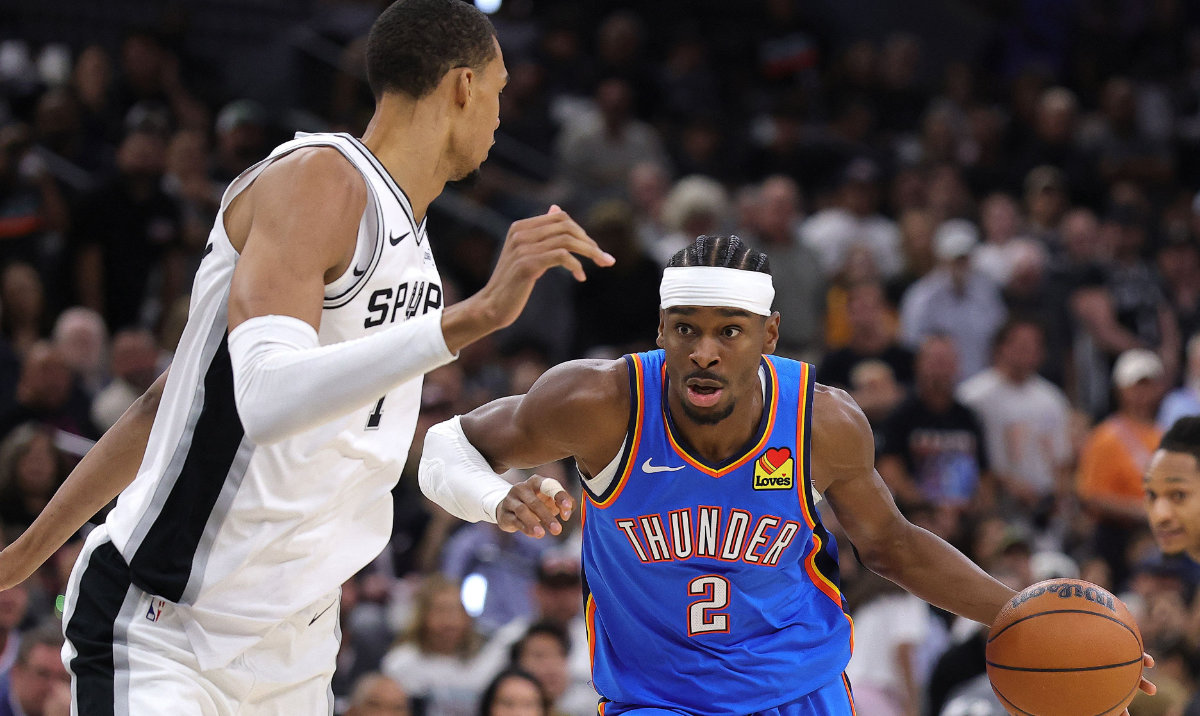 Shai Gilgeous-Alexander #2 of the Oklahoma City Thunder drives to the basket against Victor Wembanyama #1 of the San Antonio Spurs during the first quarter in Game Four of the NBA Western Conference Finals at Frost Bank Center on May 24, 2026 in San Antonio, Texas. (AFP)