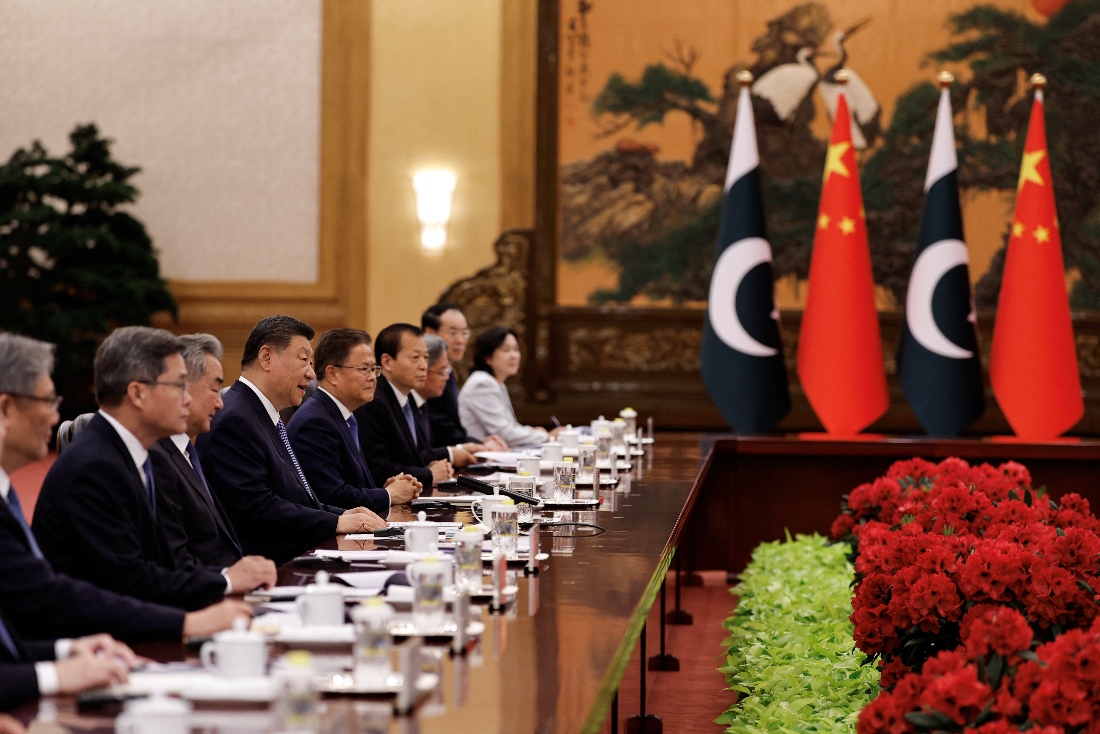 Chinese President Xi Jinping attends a meeting with Pakistan's Prime Minister Shehbaz Sharif at the Great Hall of the People, in Beijing, China. (Reuters)
