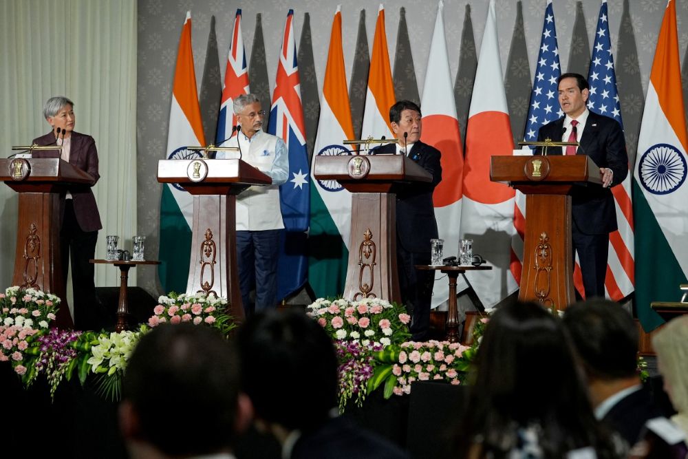 Foreign ministers of Australia, India, Japan and the US, left to right, address a joint press conference after a meeting at the Hyderabad House in New Delhi on May 26, 2026. (AFP)