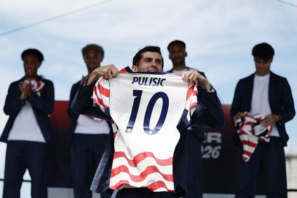 Christian Pulisic, player of United States, poses with his jersey during the United States World Cup roster reveal on May 26, 2026 in New York City. (AFP)