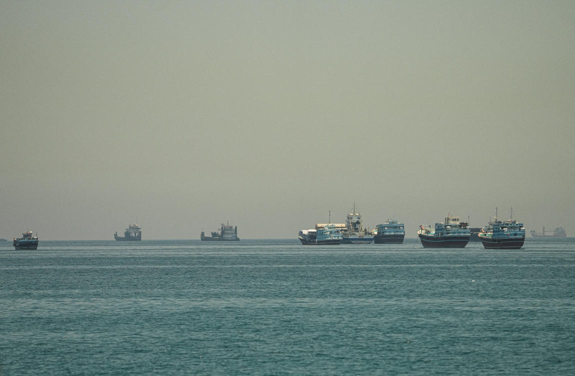 Vessels anchored at the Strait of Hormuz, as seen from Musandam, Oman, May 25, 2026. (Reuters)