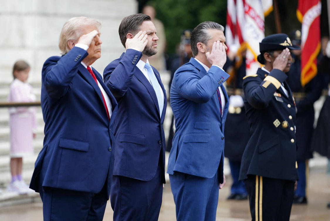 President Donald Trump, Vice President JD Vance and Secretary of Defense Pete Hegseth participate in a wreath-laying ceremony at the Tomb of the Unknown Soldier at Arlington National Cemetery on Tuesday. (Reuters)