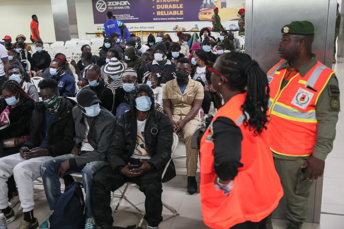 Ghanaian nationals evcuated from South Africa following xenophobia attacks wait upon their arrival at Accra International Airport in Accra on May, 27 2026. (AFP)