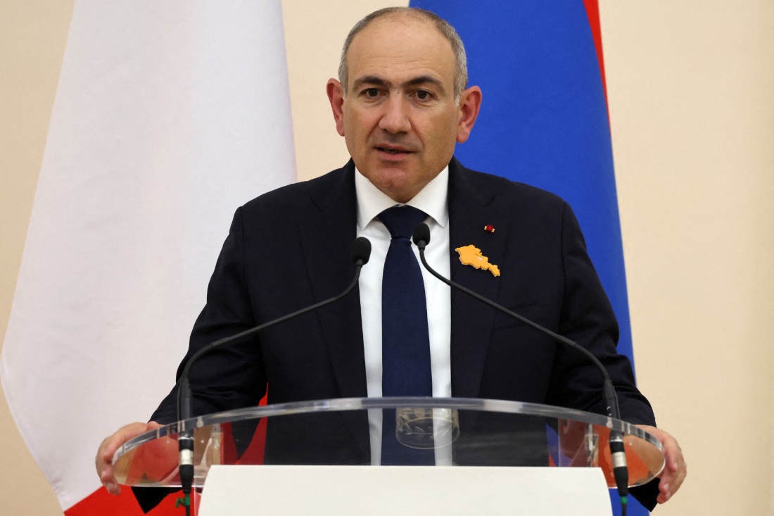 Armenia's Prime Minister Nikol Pashinyan gives a speech during a state dinner in honour of the French leader at the presidential palace in Yerevan, Armenia. (AFP)